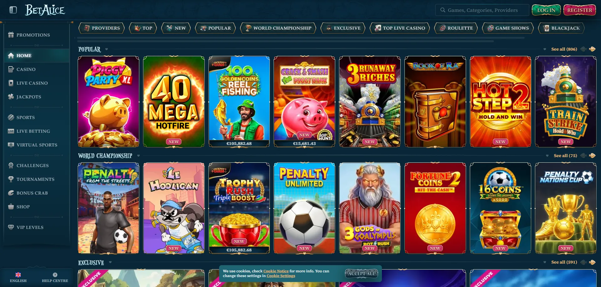 BetAlice vasta selezione di giochi slot e tavoli dal vivo